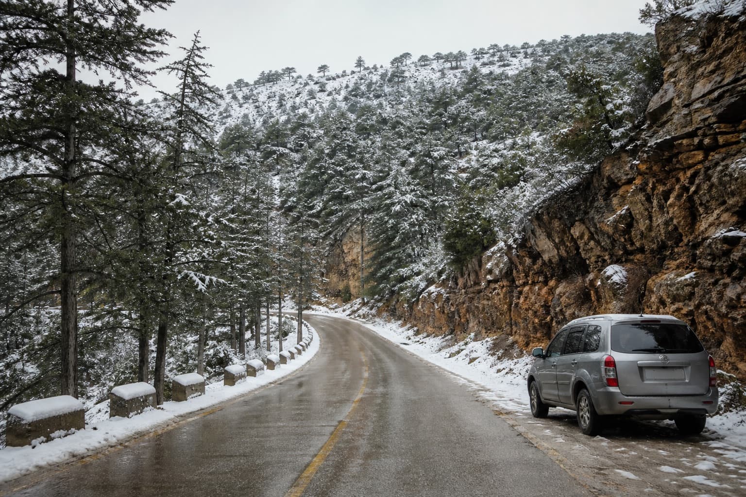 Winter mountain road above Faqra after light snow