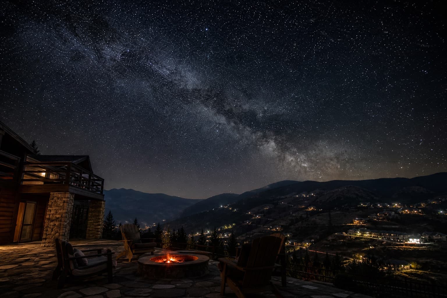 Milky Way over a mountain chalet patio in Faqra